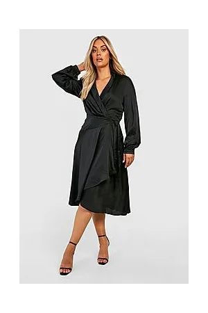 Boohoo Plus Satin Wrap Detail Midi Skater Dress