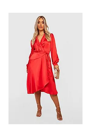 Boohoo Plus Satin Wrap Detail Midi Skater Dress