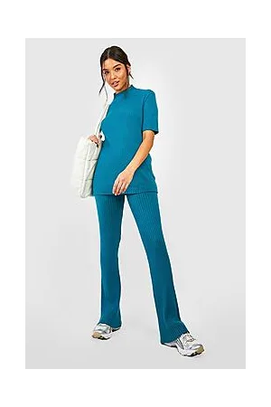 Boohoo Rib Knitted Tunic And Wide Leg Trouser Set