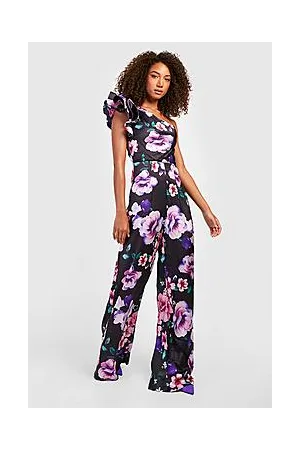 Boohoo Tall Floral One Shoulder Ruffle Jumpsuit