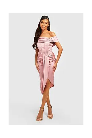 Boohoo Satin Corset Bardot Drape Midi Dress