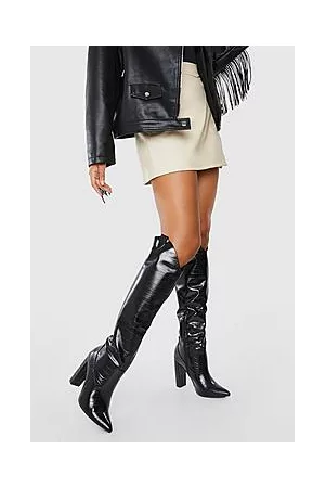 Boohoo Wide Fit Side Tab Western Detail Croc Cowboy Boots