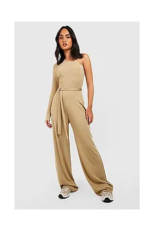 Boohoo Rib Asymmetric Wide Leg Belted Jumpsuit