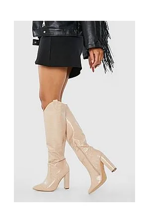 Boohoo Wide Fit Side Tab Western Detail Croc Cowboy Boots