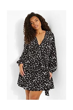 Boohoo Plus Dalmatian Ruffle Wrap Skater Dress