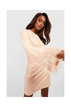 Boohoo Premium Sequin Feather Cuff Shift Party Dress