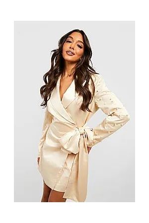 Boohoo Pearl Detail Satin Wrap Blazer Dress