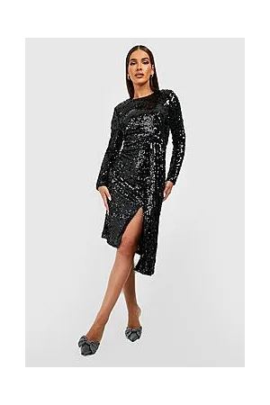 Boohoo Sequin Drape Detail Long Sleeve Midi Party Dress