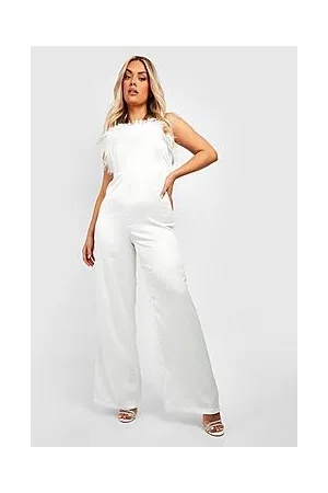 Boohoo Plus Satin Feather Bandeau Wide Leg Jumpsuit