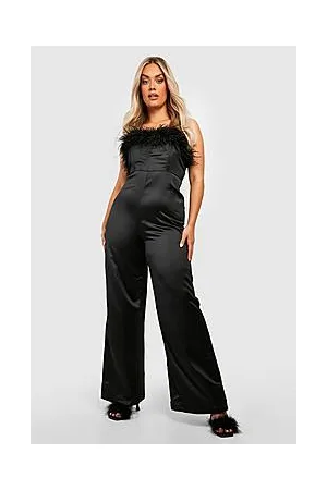 Boohoo Plus Satin Feather Bandeau Wide Leg Jumpsuit