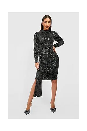Boohoo Sequin Puff Sleeve Drape Midi Party Dress