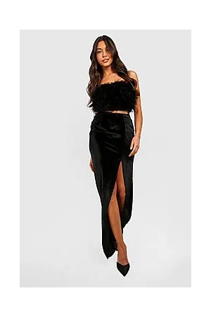 Boohoo Velvet Knotted High Split Maxi Skirt