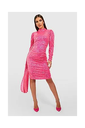 Boohoo Sequin Puff Sleeve Drape Midi Party Dress