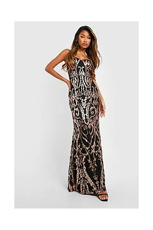 Boohoo Sequin Damask Bandeau Fishtail Maxi Party Dress