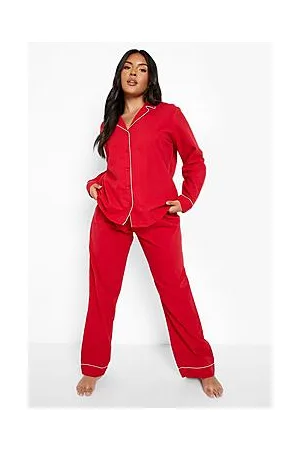 Boohoo Plus Brushed Cotton Piping Detail Shirt and Trousers Pyjama Set
