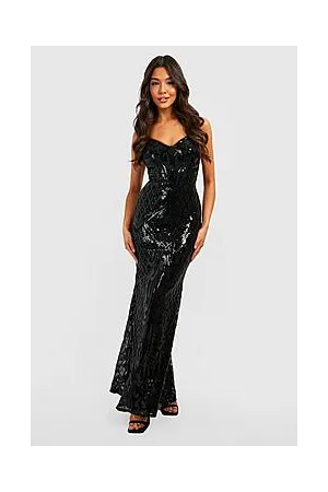 Boohoo Sequin Damask Open Back Fishtail Maxi Party Dress