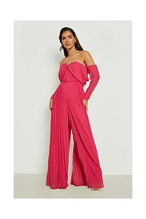 Boohoo Pleated Bardot Wide Leg Jumpsuit