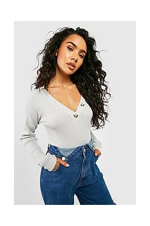 Boohoo Knitted V Neck Bodysuit With Button Detail