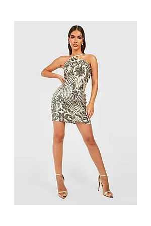 Boohoo Sequin Damask Strappy Asymmetric Mini Party Dress