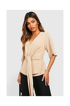 Boohoo Knot Front Flared Sleeve Blouse