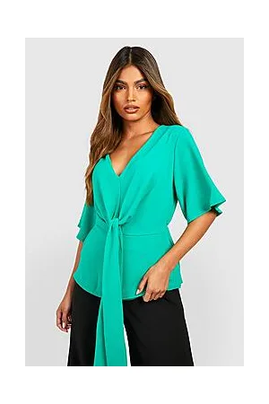 Boohoo Knot Front Flared Sleeve Blouse