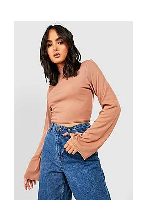 Boohoo Flare Sleeve High Neck Rib Crop
