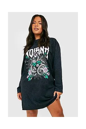 Boohoo Plus Acid Wash Slogan Long Sleeve T-shirt Dress