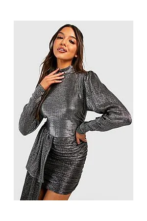 Boohoo Metallic Plisse Draped High Neck Mini Party Dress