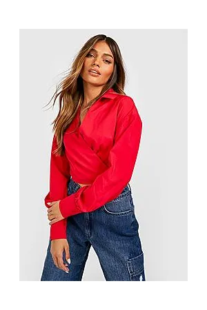 Boohoo Wrap Cotton Crop Shirt