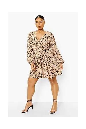 Boohoo Plus Dalmatian Ruffle Wrap Skater Dress
