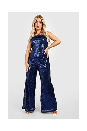Boohoo Plus Sequin Feather Trim Bandeau Jumpsuit