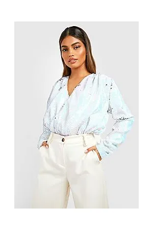 Boohoo Wrap Ruched Shoulder Sequin Bodysuit