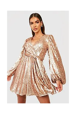 Boohoo Sequin Extreme Blouson Sleeve Skater Party Dress