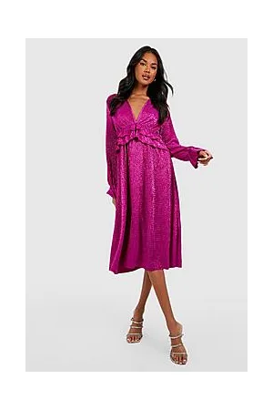 Boohoo Metallic Plisse Ruffle Midi Skater Party Dress