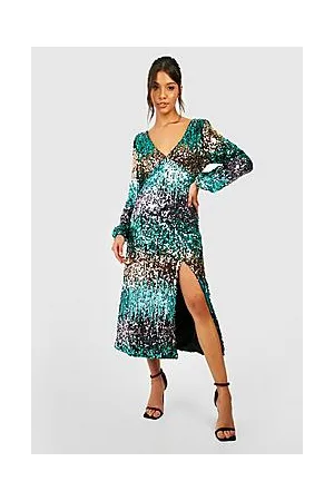 Boohoo Ombre Sequin Split Plunge Midaxi Party Dress