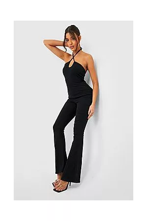 Boohoo Halterneck Flared Denim Jumpsuit