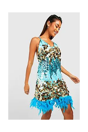 Boohoo Ombre Sequin Feather Slip Party Dress