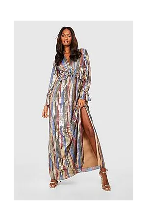 Boohoo Metallic Rainbow Plisse Ruffle Maxi Party Dress