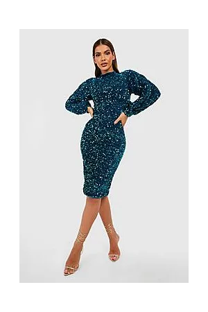 Boohoo Velvet Sequin High Neck Midi Party Dress