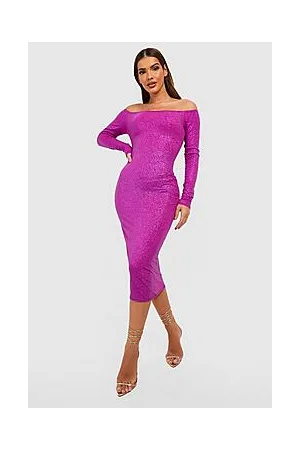 Boohoo Shimmer Glitter Off The Shoulder Midi Dress