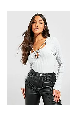 Boohoo Soft Rib Knit Lace Up Neckline Bodysuit