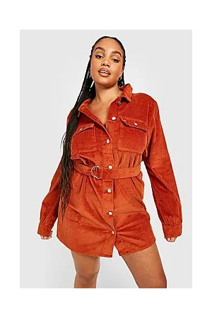 Boohoo Plus Cord Belted Pocket Shirt Dress