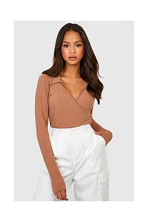 Boohoo Soft Rib Knit Wrap Collared Bodysuit