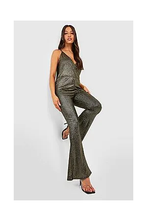 Boohoo Shimmer Glitter Strappy Cowl Flare Jumpsuit