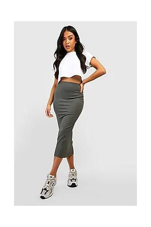 Boohoo Petite Rib Lettuce Hem Midaxi Skirt