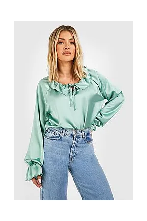 Boohoo Ruffle Neck Textured Satin Blouse