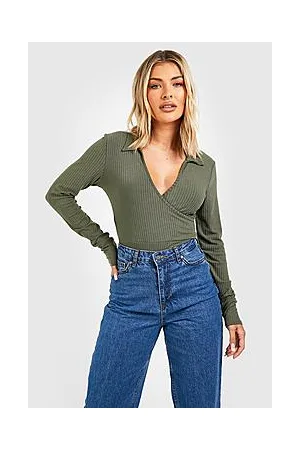 Boohoo Soft Rib Knit Wrap Collared Bodysuit