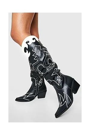 Boohoo Contrast Stitch Embroidered Western Cowboy Boots