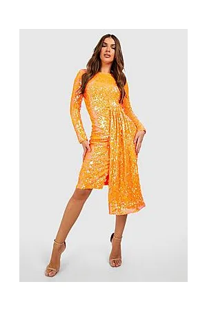 Boohoo Sequin Drape Detail Long Sleeve Midi Party Dress