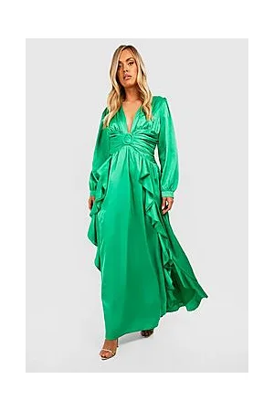 Boohoo Plus Satin Ruffle Plunge Maxi Dress